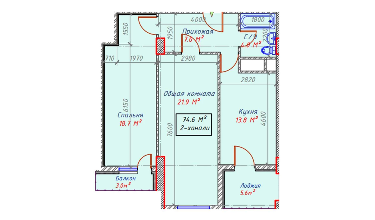 2-xonali xonadon 74.6 m²  16/16 qavat