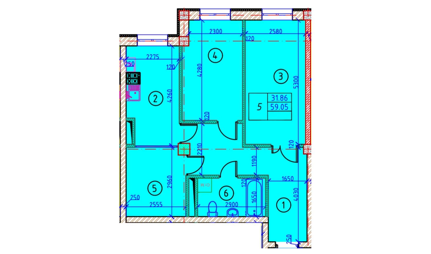 2-xonali xonadon 59.05 m²  1/1 qavat