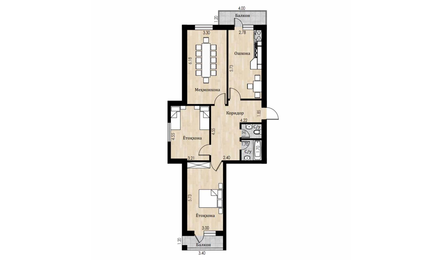 3-комнатная квартира 99.6 м²  7/7 этаж