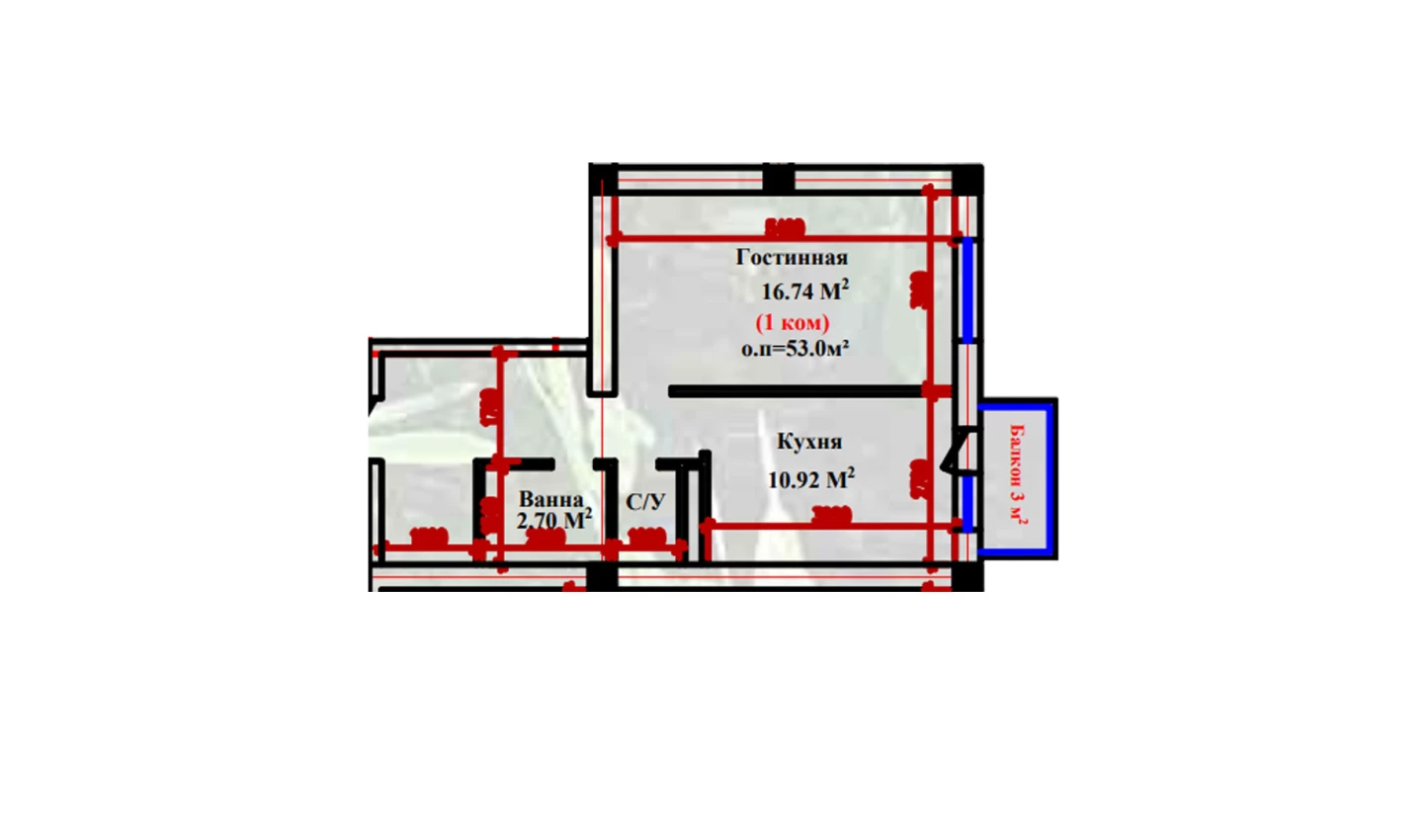 1-xonali xonadon 53 m²  2-9/2-9 qavat