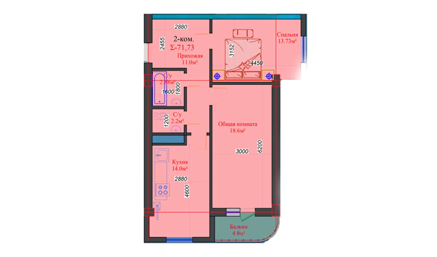 2-комнатная квартира 49.8 м²  3/3 этаж