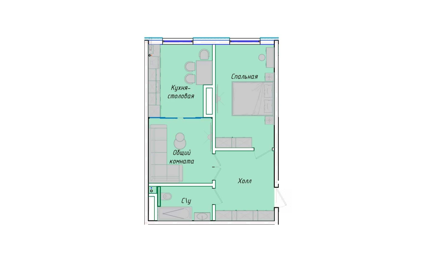 2-комнатная квартира 50.85 м²  1/1 этаж