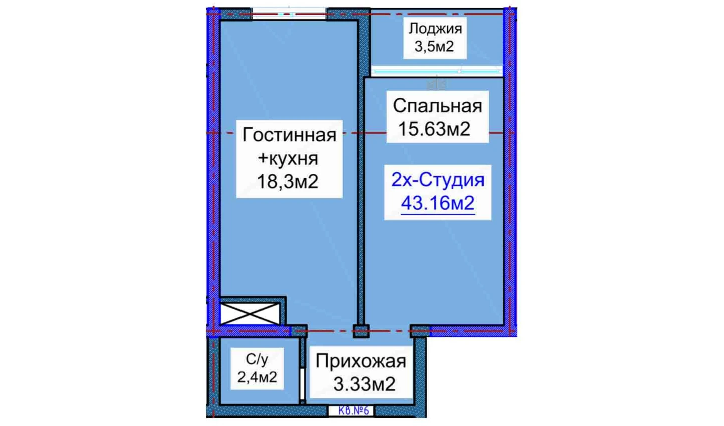 2-комнатная квартира 43.16 м²  5/5 этаж