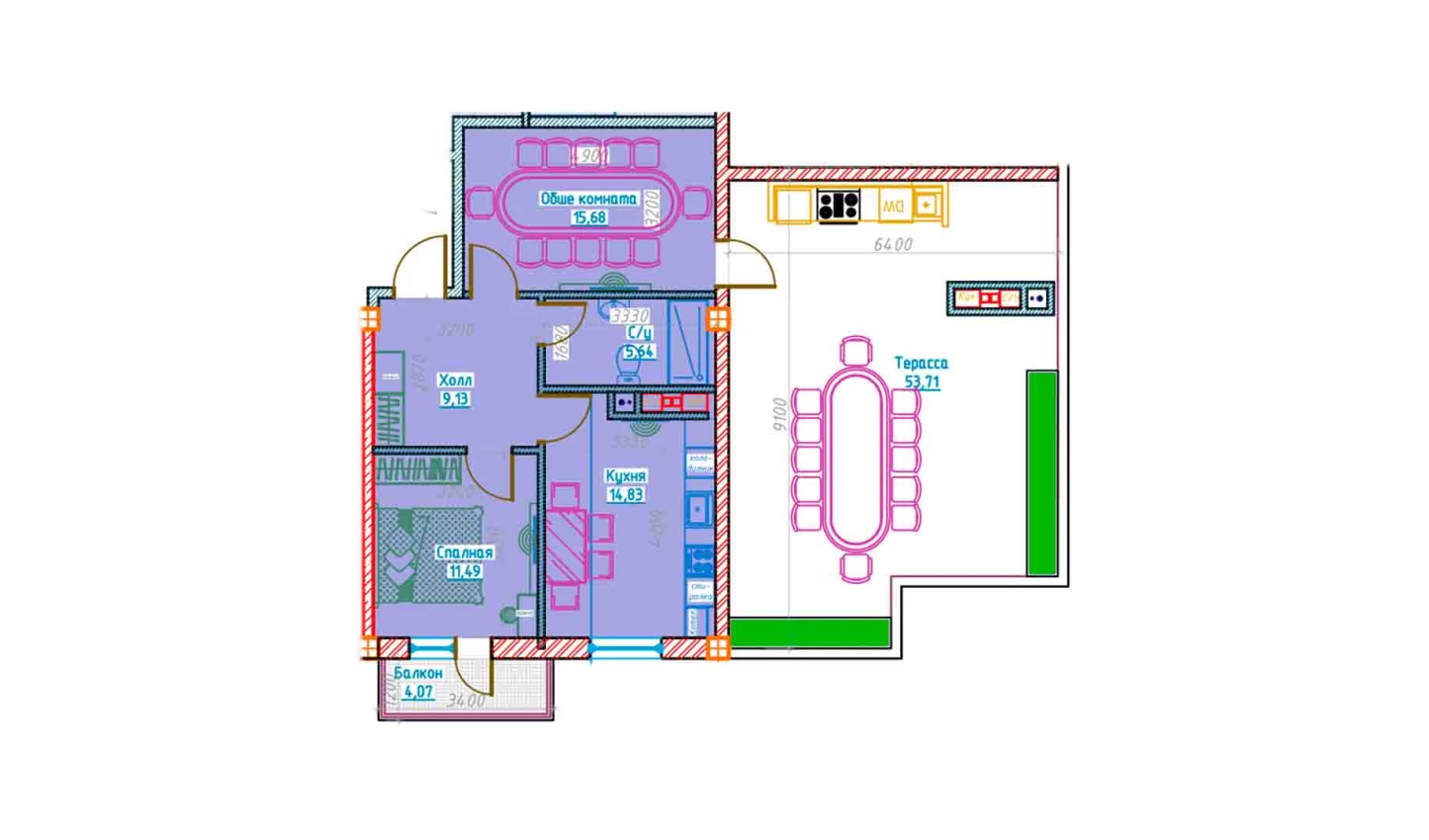 2-xonali xonadon 56.77 m²  13/13 qavat