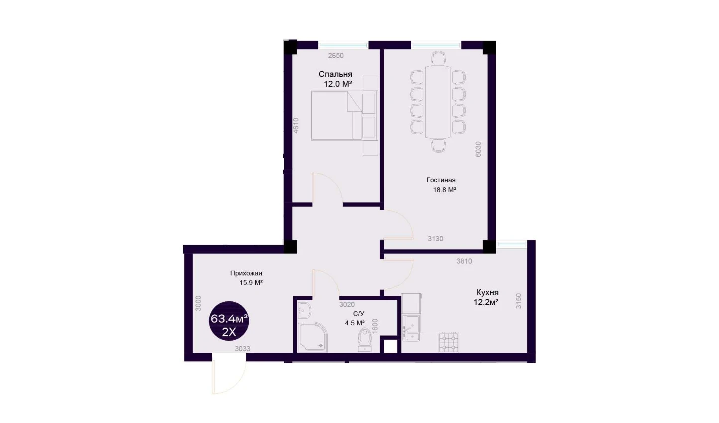 2-комнатная квартира 63.4 м²  1/1 этаж