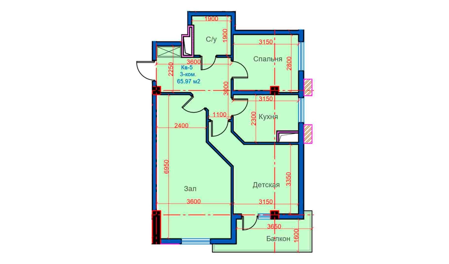 3-xonali xonadon 65.97 m²  11/11 qavat