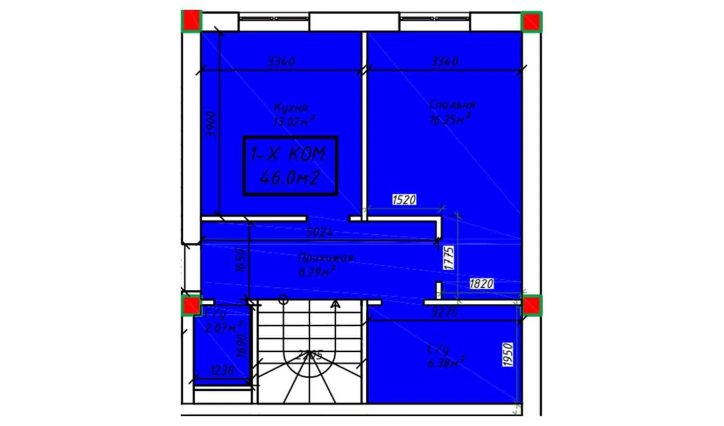 1-xonali xonadon 43.62 m²  2/2 qavat