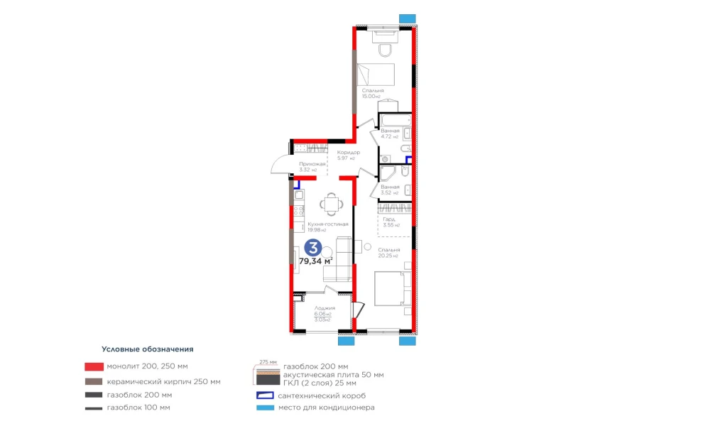 3-комнатная квартира 79.34 м²  2/2 этаж