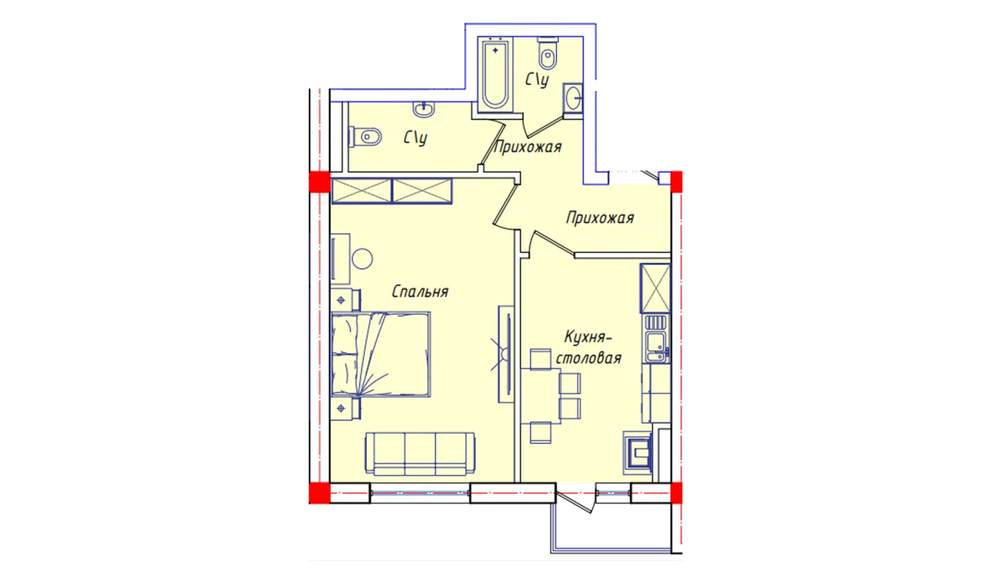 1-комнатная квартира 51.3 м²  6/6 этаж