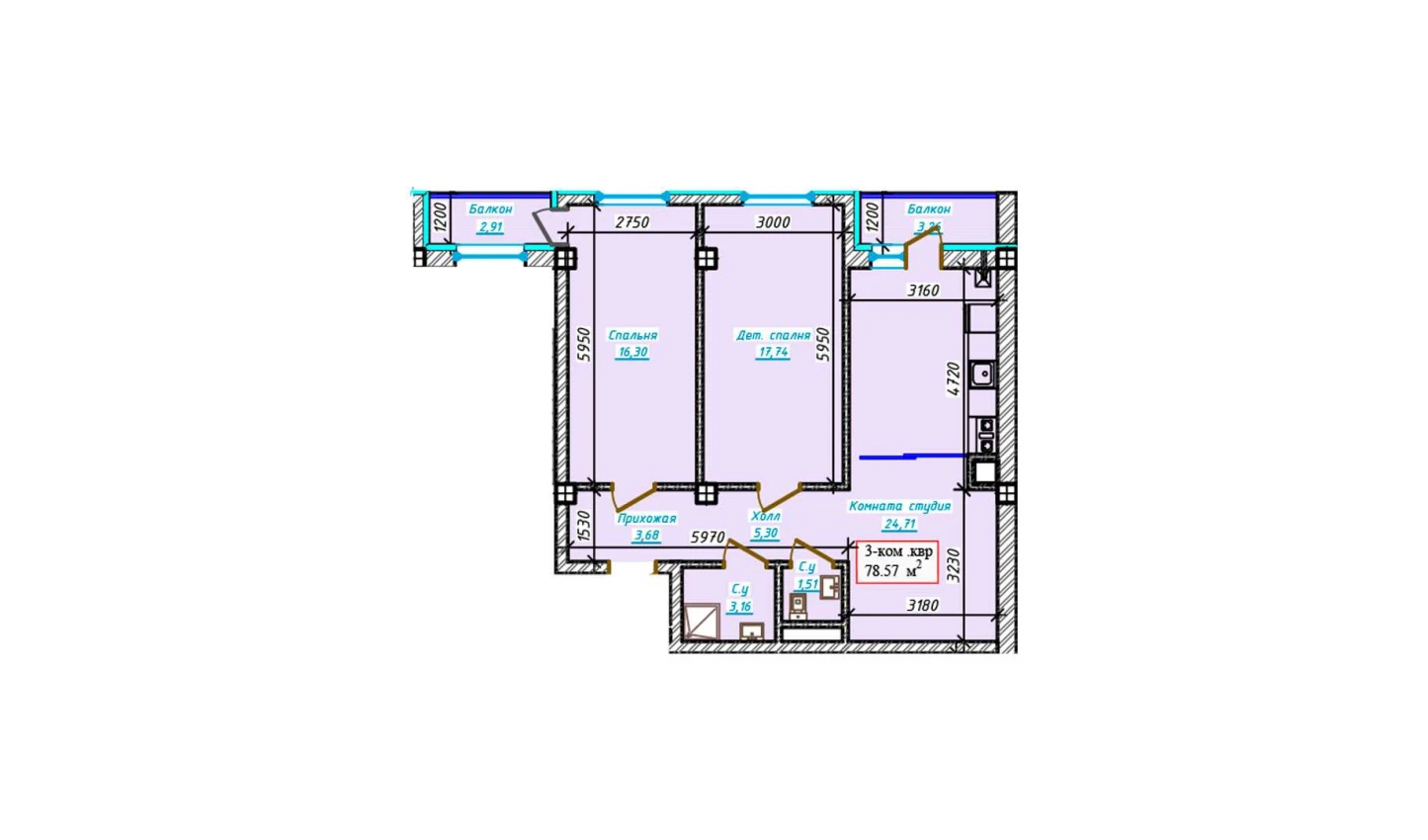 3-xonali xonadon 78.57 m²  8/9 qavat | Aero Town Turar-joy majmuasi