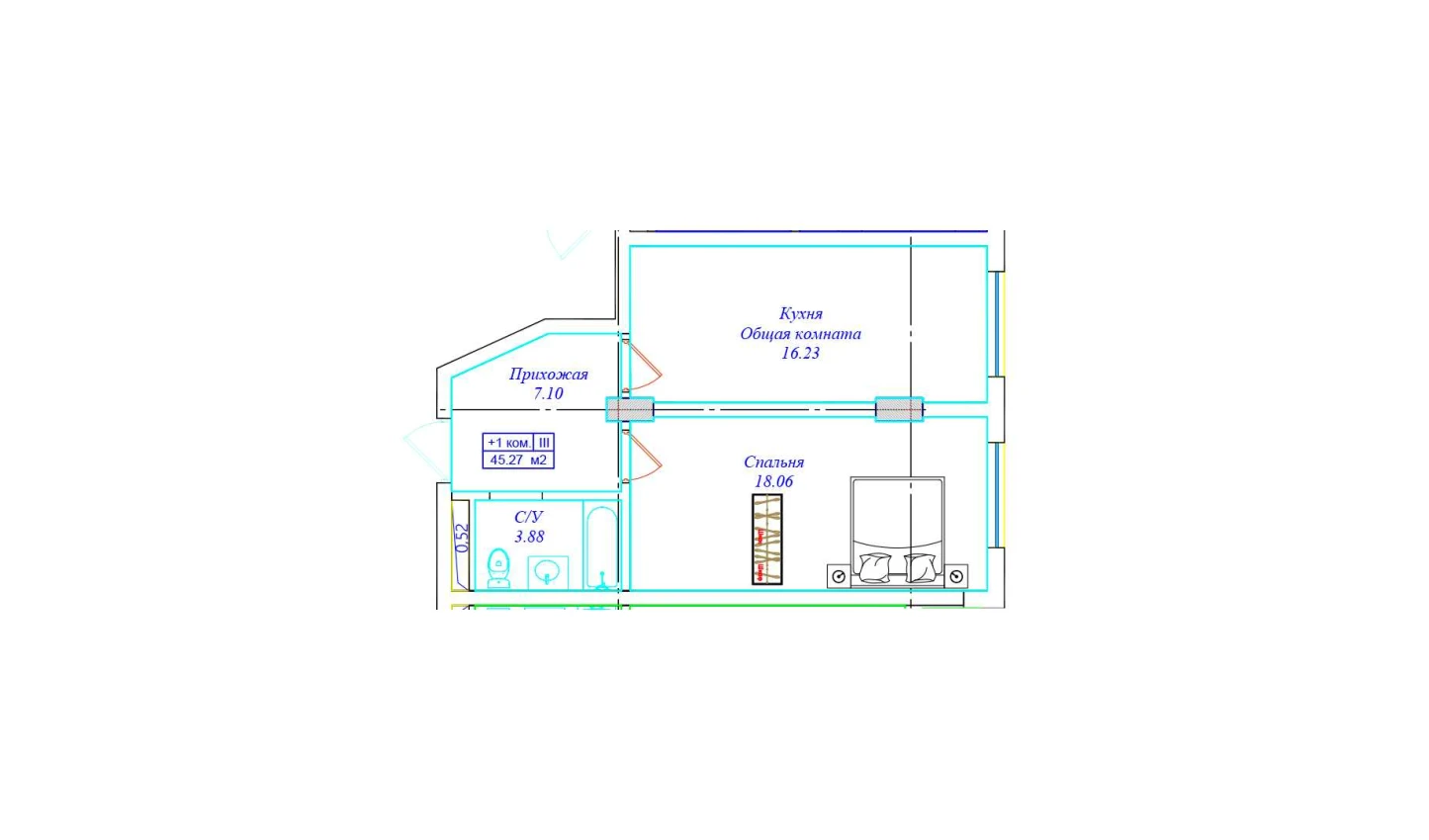 1-xonali xonadon 45.27 m²  4/4 qavat