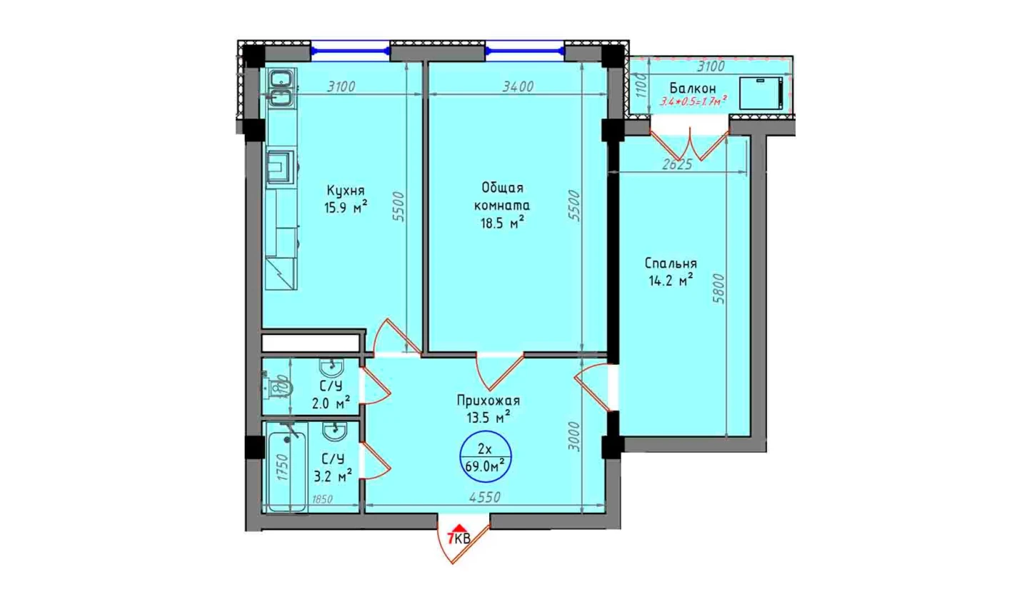 1-комнатная квартира 69 м²  3/3 этаж