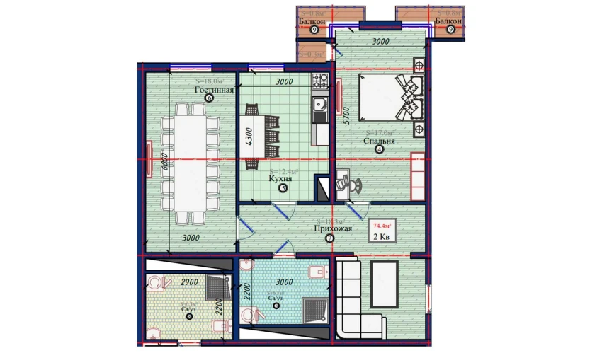 2-xonali xonadon 74.4 m²  1/10 qavat | NURAFSHON Turar-joy majmuasi