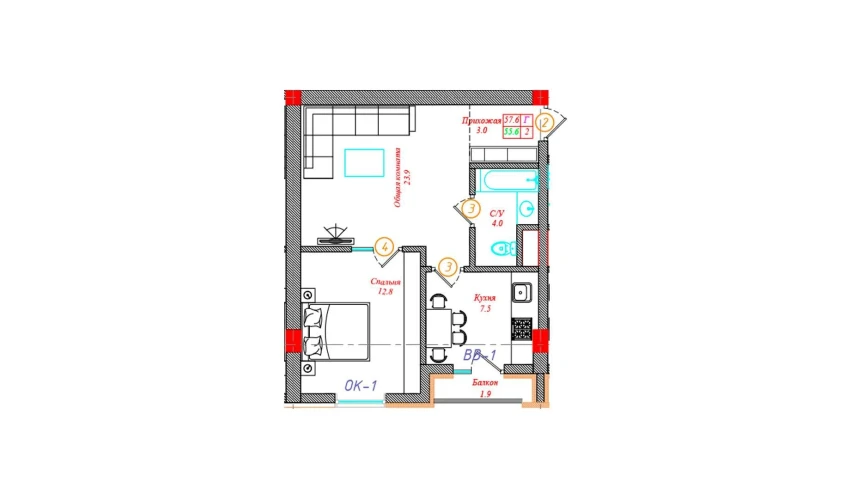 2-xonali xonadon 57.6 m²  9/12 qavat | CHINARA PARK Turar-joy majmuasi