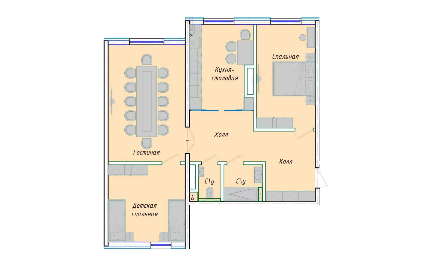 3-комнатная квартира 87.34 м²  1/1 этаж