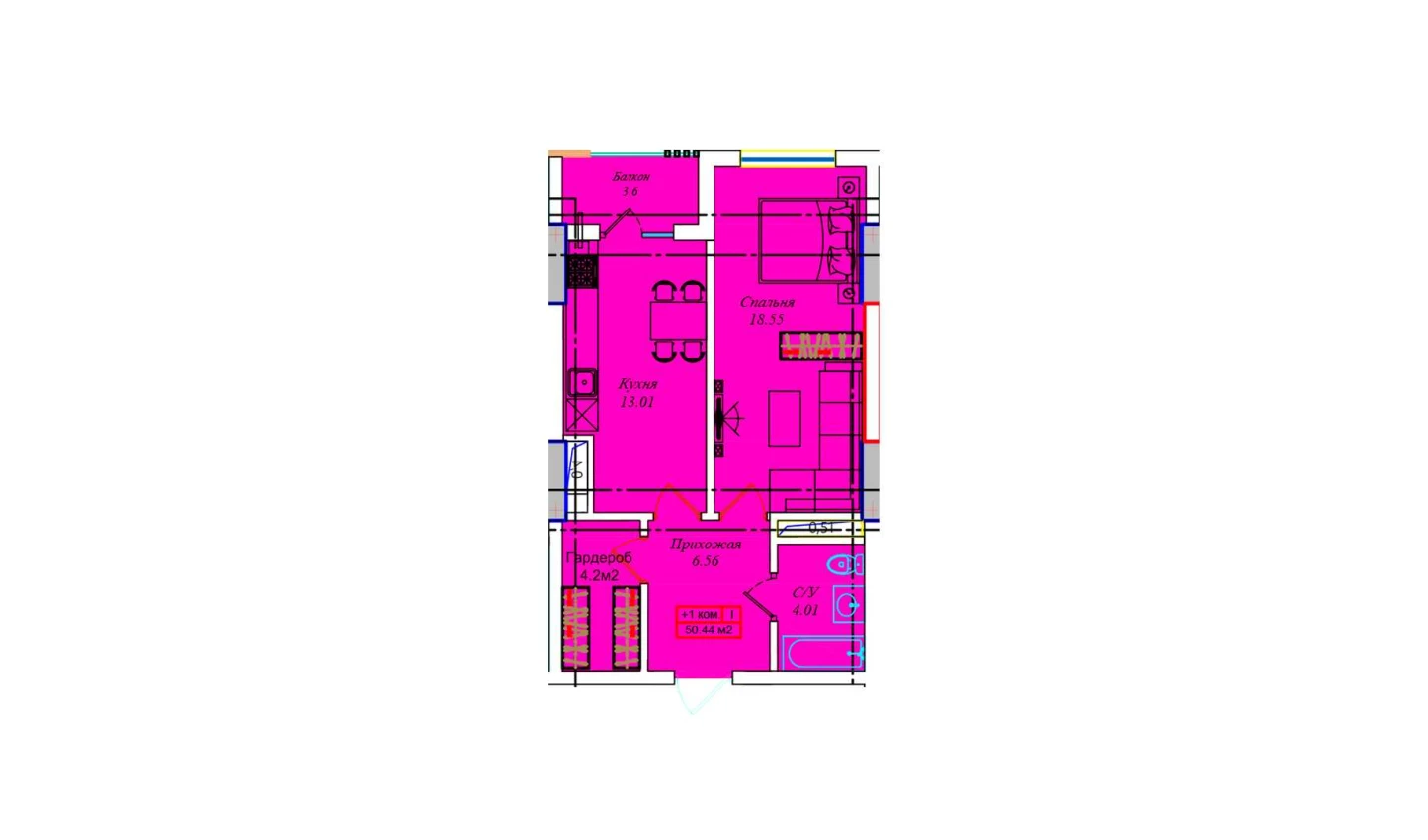 1-xonali xonadon 49.87 m²  15/15 qavat