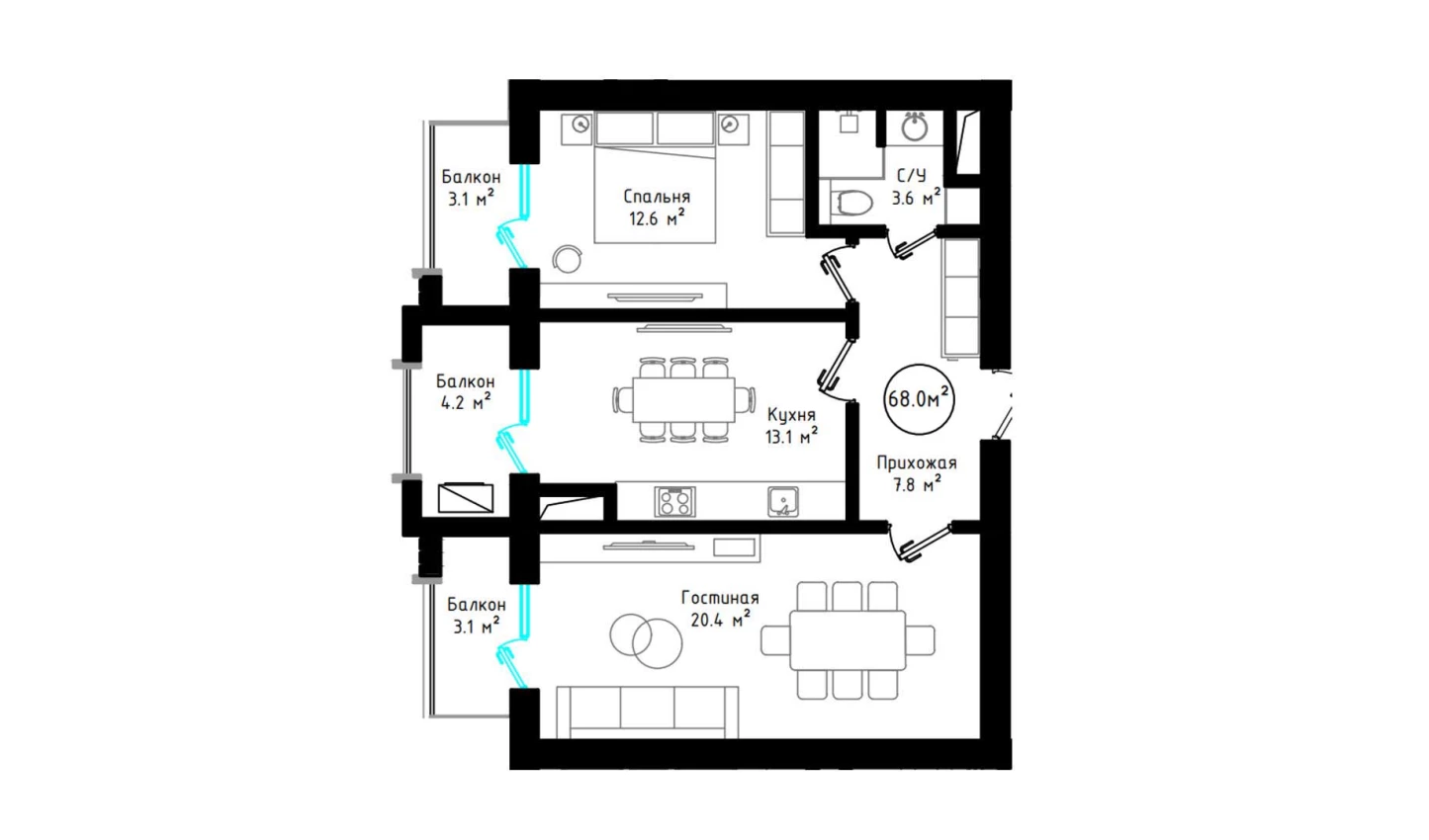 2-xonali xonadon 68 m²  6/6 qavat