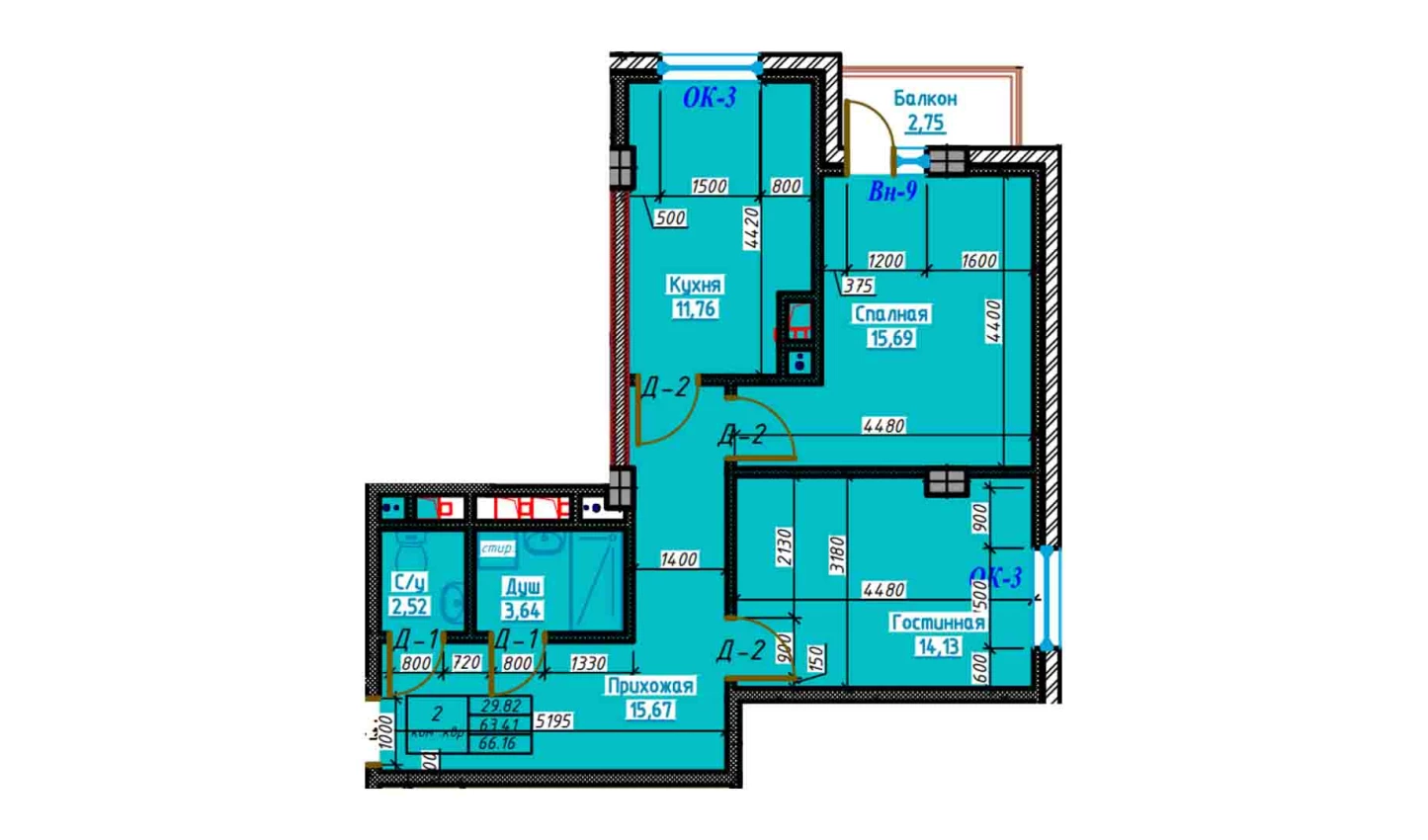 2-комнатная квартира 66.1 м²  11/11 этаж