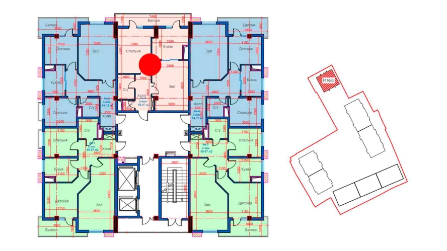 2-комнатная квартира 58.97 м²  4/4 этаж