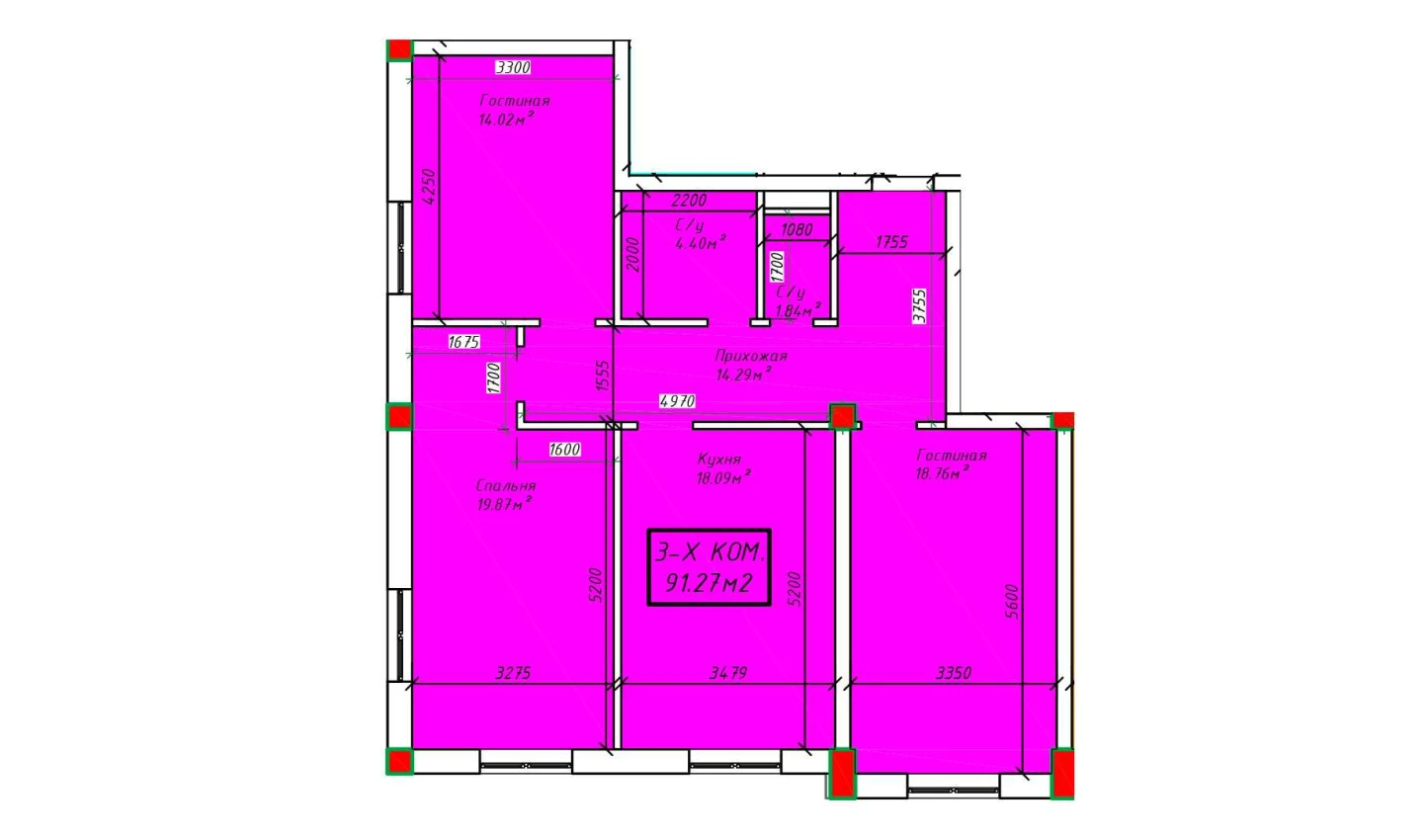 3-xonali xonadon 91.27 m²  4/4 qavat