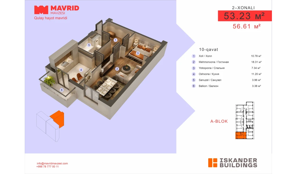 2-комнатная квартира 53.23 м²  10/10 этаж