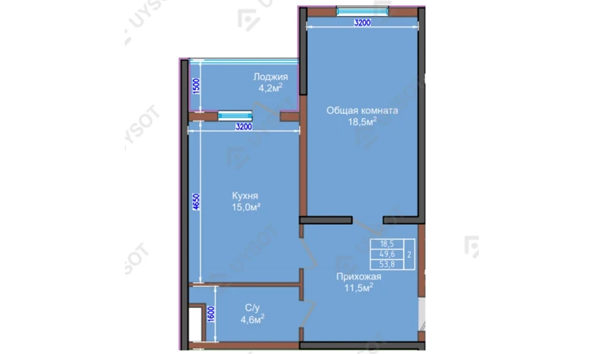 2-xonali xonadon 53.8 m²  2/9 qavat | NUR HAYAT Turar-joy majmuasi