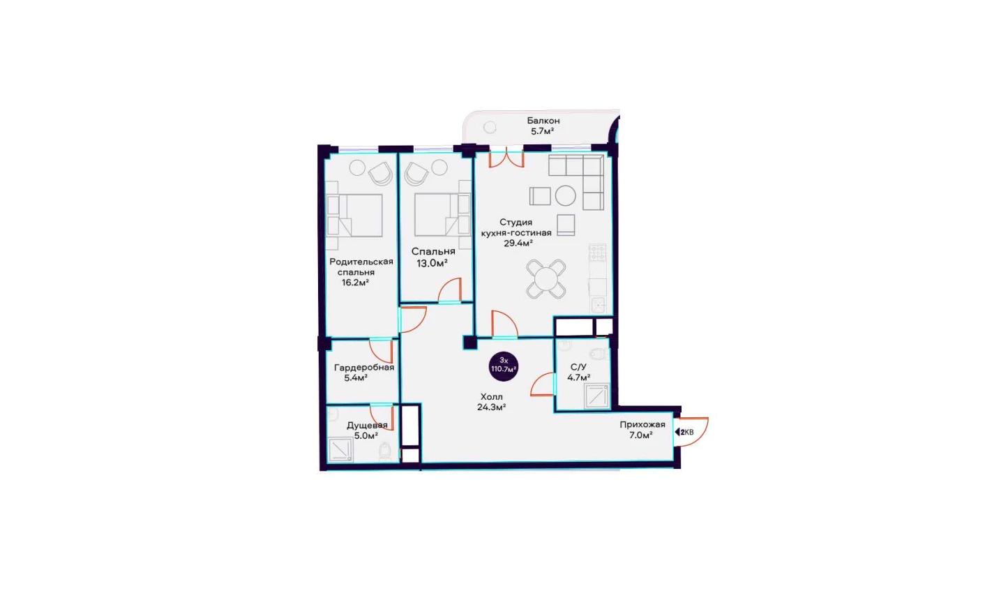 3-комнатная квартира 110.7 м²  12/12 этаж