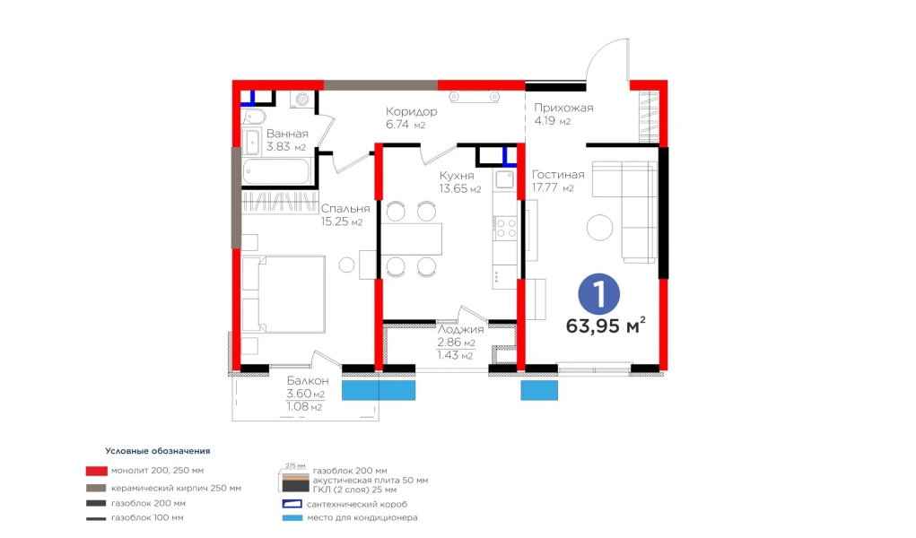 2-xonali xonadon 63.95 m²  5/5 qavat