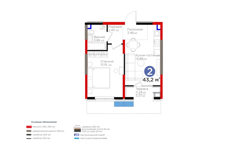 2-комнатная квартира 43.2 м²  3/3 этаж