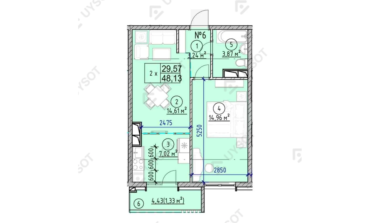 2-комнатная квартира 48.13 м²  3/3 этаж