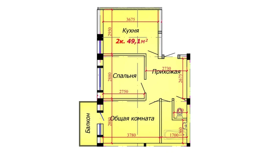 2-комнатная квартира 49.1 м²  4/9 этаж | Жилой комплекс VATAN