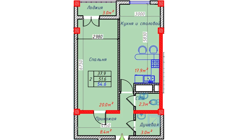 2-xonali xonadon 54.6 m²  6/6 qavat