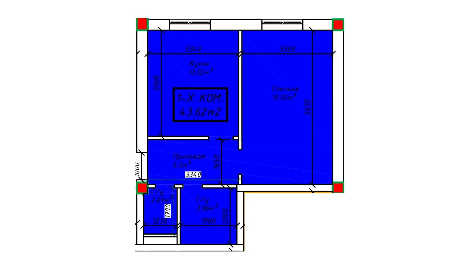 1-xonali xonadon 43.62 m²  4/4 qavat