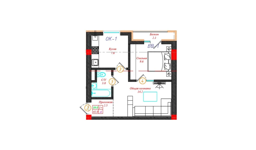 1-xonali xonadon 41 m²  4/12 qavat | CHINARA PARK Turar-joy majmuasi