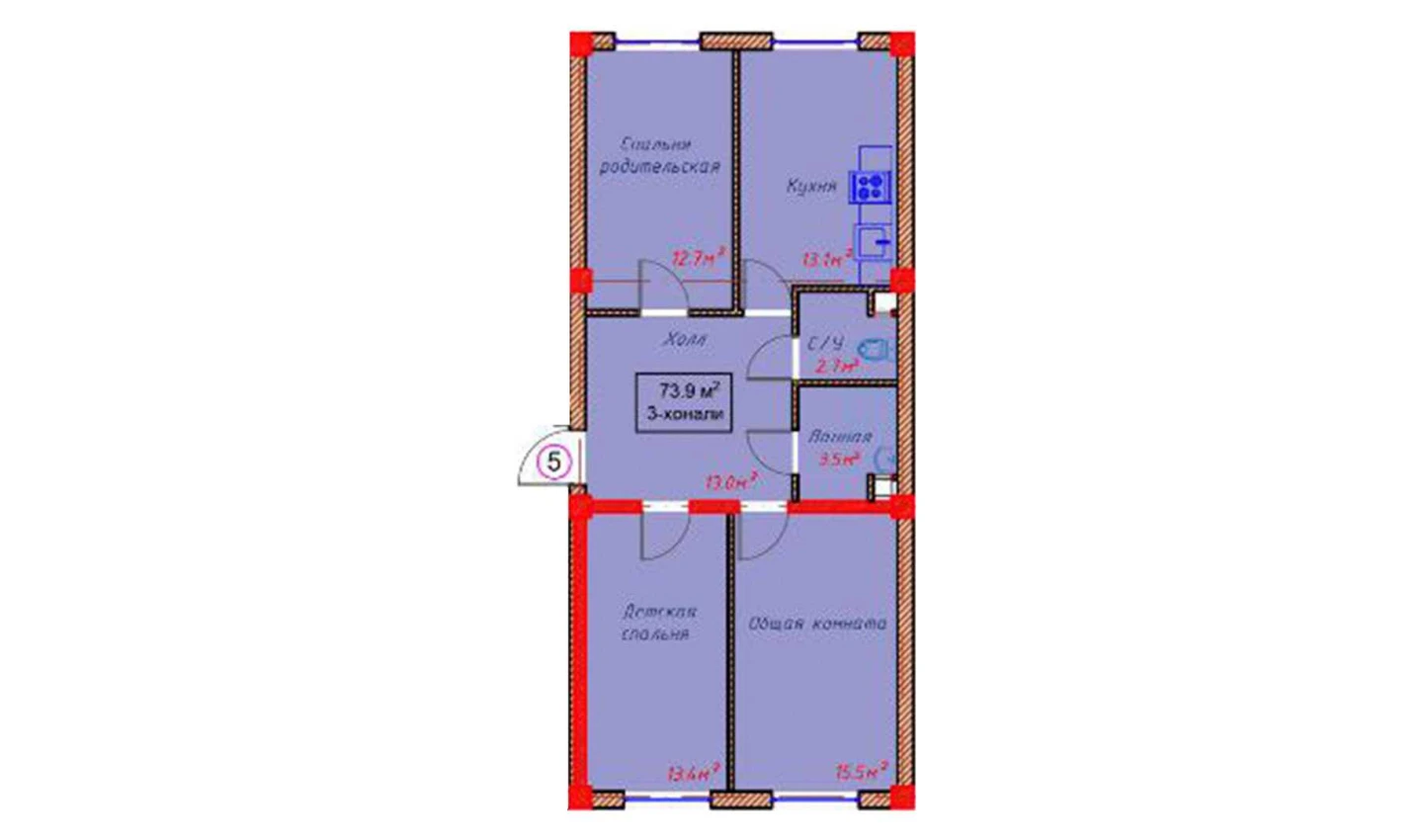 3-комнатная квартира 73.9 м²  1/1 этаж