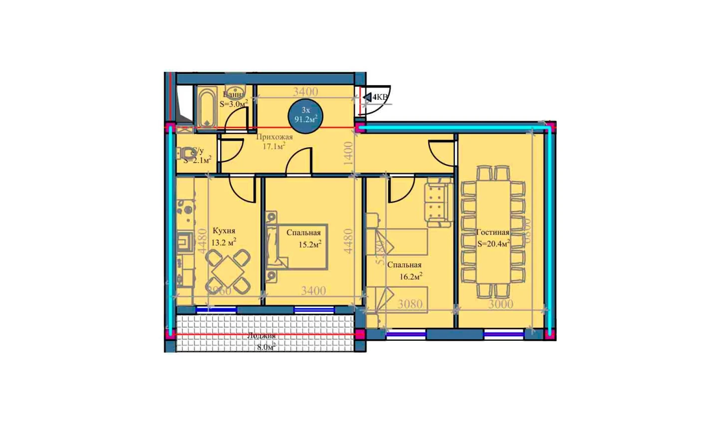 3-xonali xonadon 91.2 m²  8/8 qavat