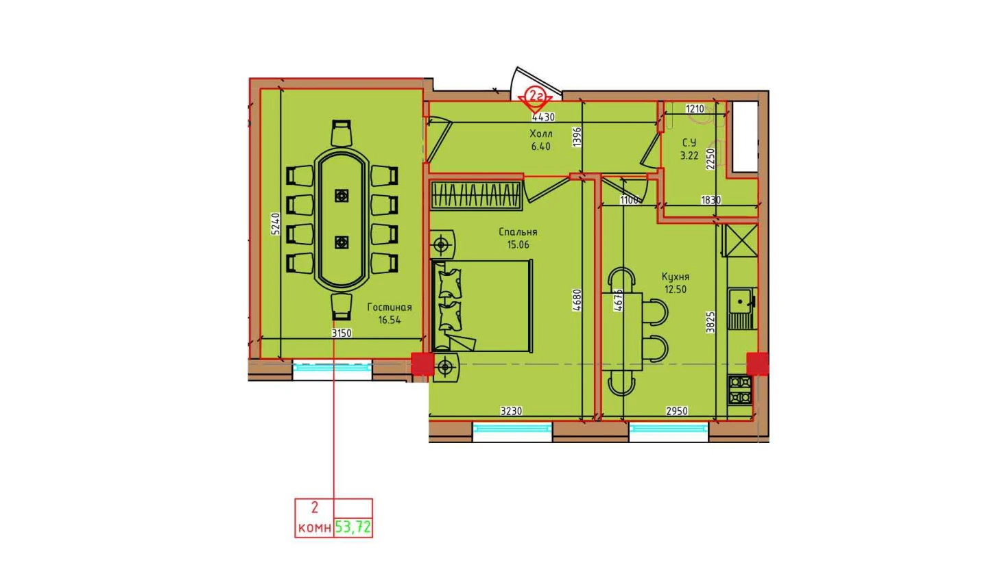 2-комнатная квартира 53.72 м²  1/1 этаж