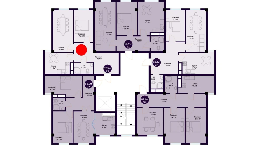 2-комнатная квартира 67.5 м²  7/7 этаж