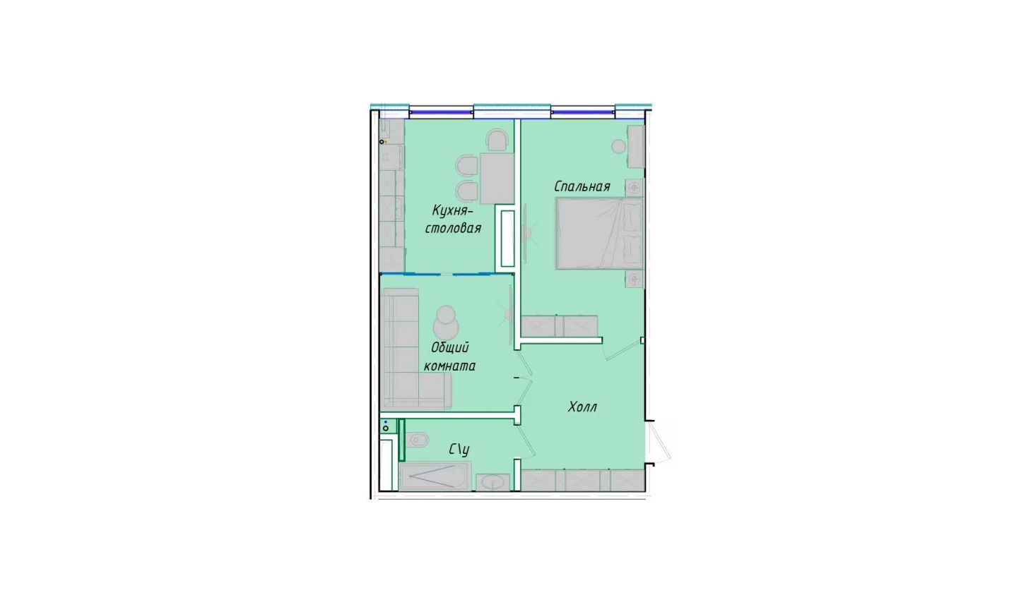 2-комнатная квартира 50.85 м²  1/1 этаж