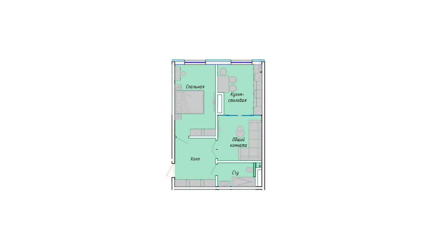 2-комнатная квартира 50.85 м²  1/1 этаж