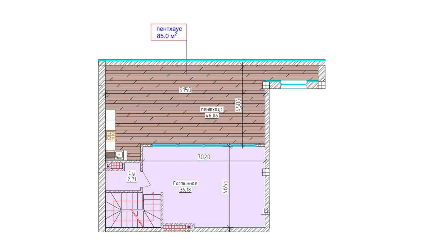 3-xonali xonadon 78.37 m²  9/9 qavat | Aero Town Turar-joy majmuasi