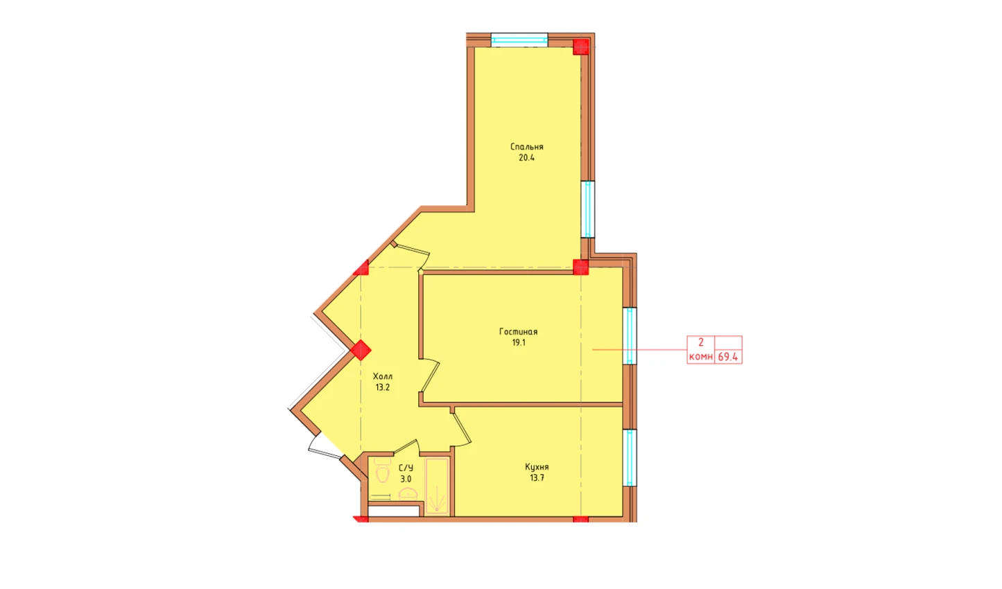 2-xonali xonadon 69.4 m²  8/8 qavat