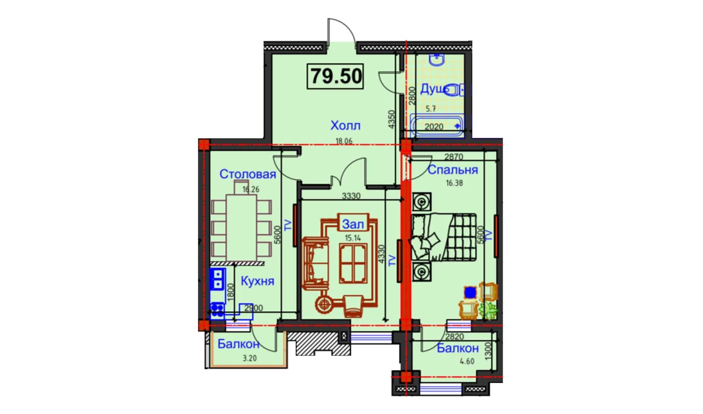 2-xonali xonadon 79.5 m²  9/9 qavat