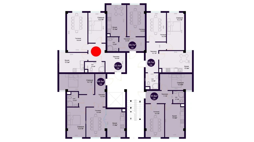 2-комнатная квартира 63.4 м²  1/1 этаж