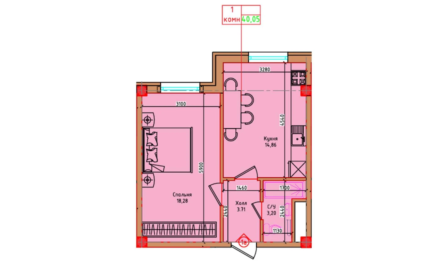 1-xonali xonadon 40.05 m²  8/8 qavat