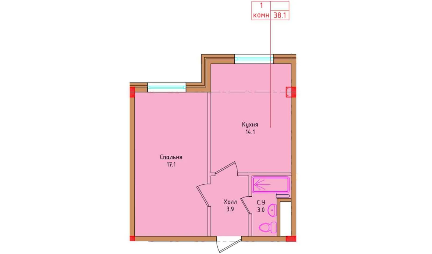 1-комнатная квартира 38.1 м²  1/1 этаж