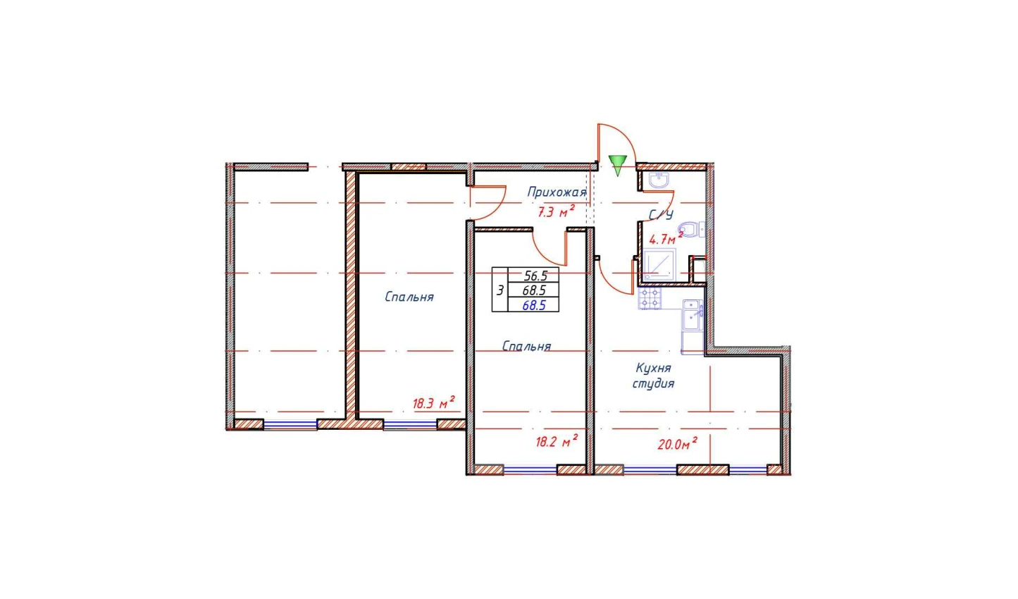 3-xonali xonadon 68.5 m²  1/1 qavat