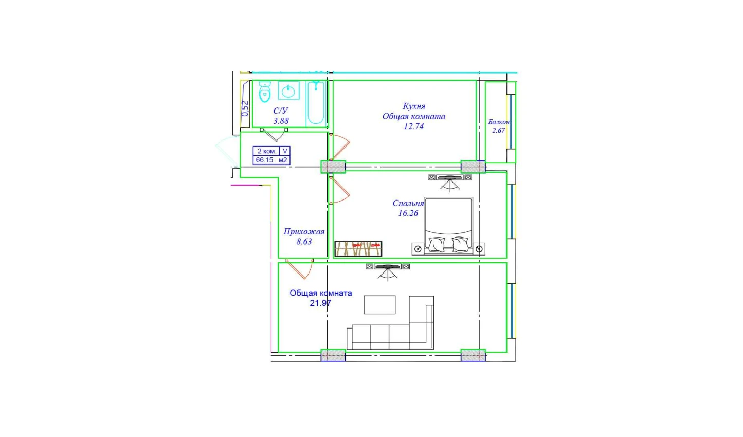 2-комнатная квартира 66.15 м²  8/8 этаж