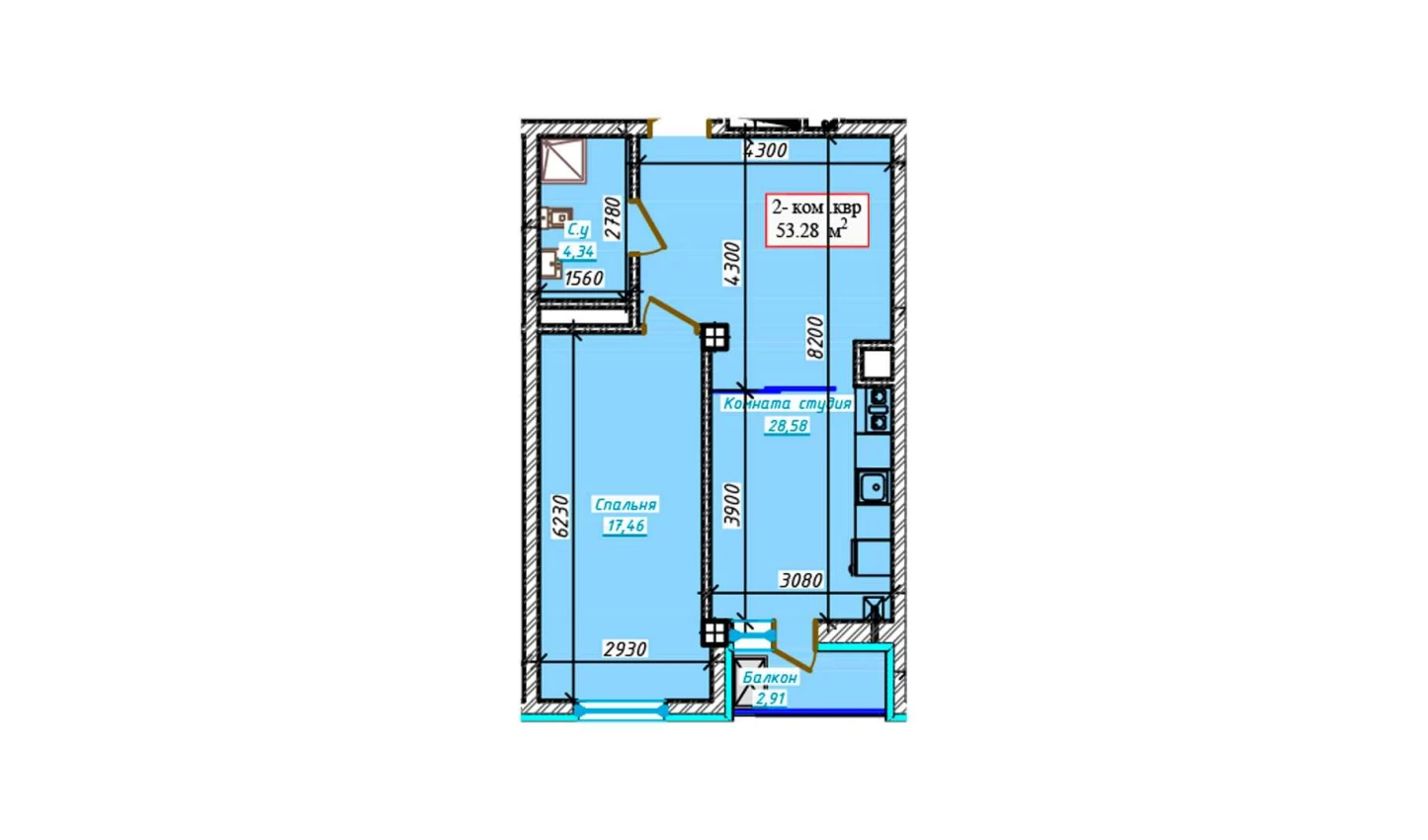 2-комнатная квартира 53.28 м²  2/2 этаж