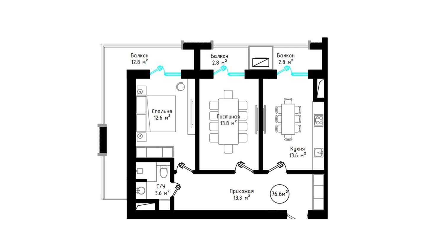 2-xonali xonadon 76.6 m²  8/8 qavat